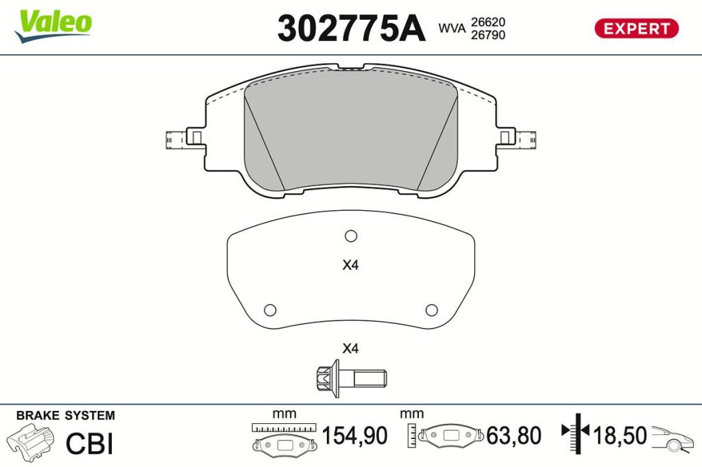 Jeu de 4 plaquettes de frein VALEO 302775A